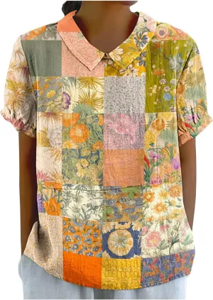 DASAYO Cute Tops for Women Peter Pan Collar Short Sleeve Linen Shirts Plus Size Floral Blouses Dressy Casual Summer Clothes