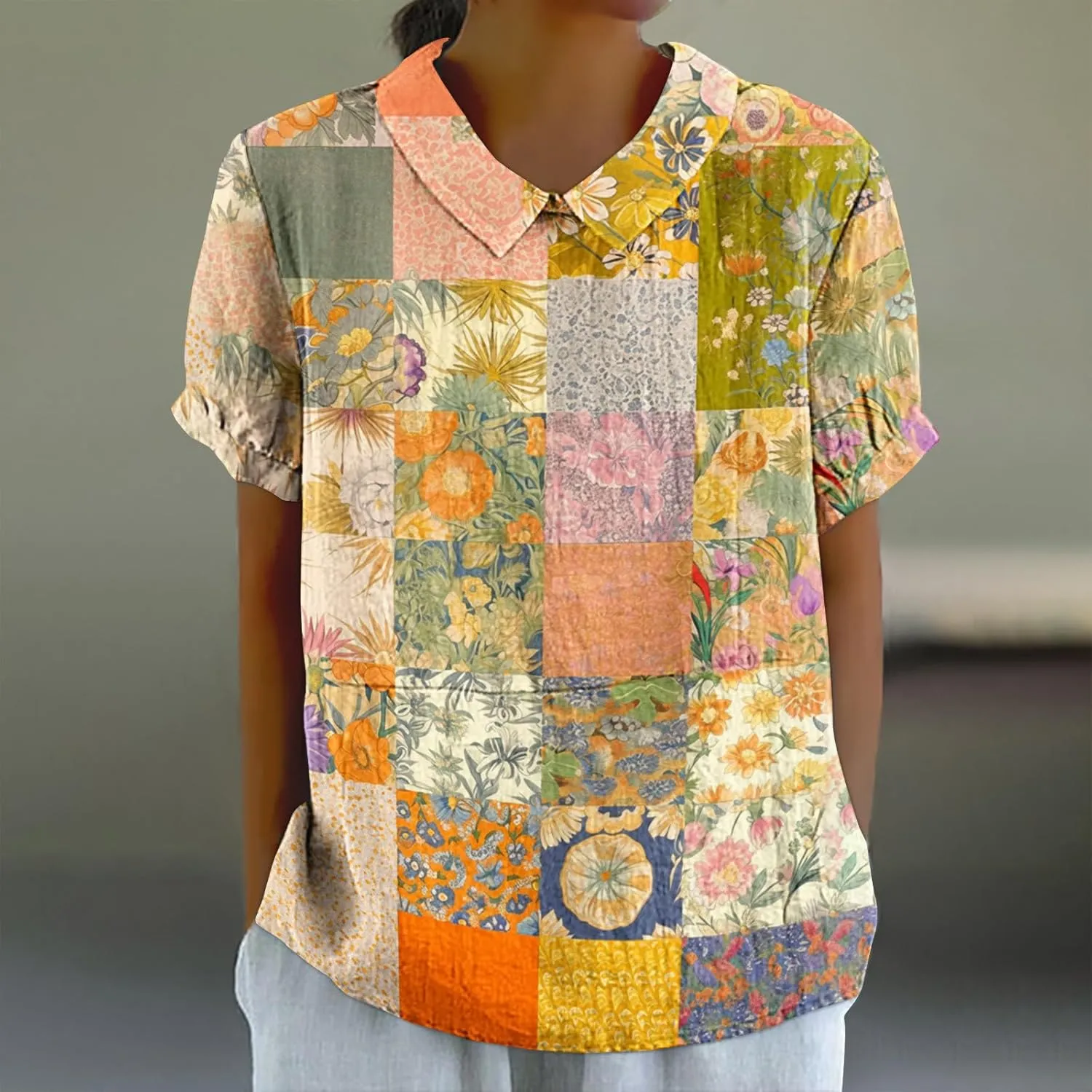 DASAYO Cute Tops for Women Peter Pan Collar Short Sleeve Linen Shirts Plus Size Floral Blouses Dressy Casual Summer Clothes