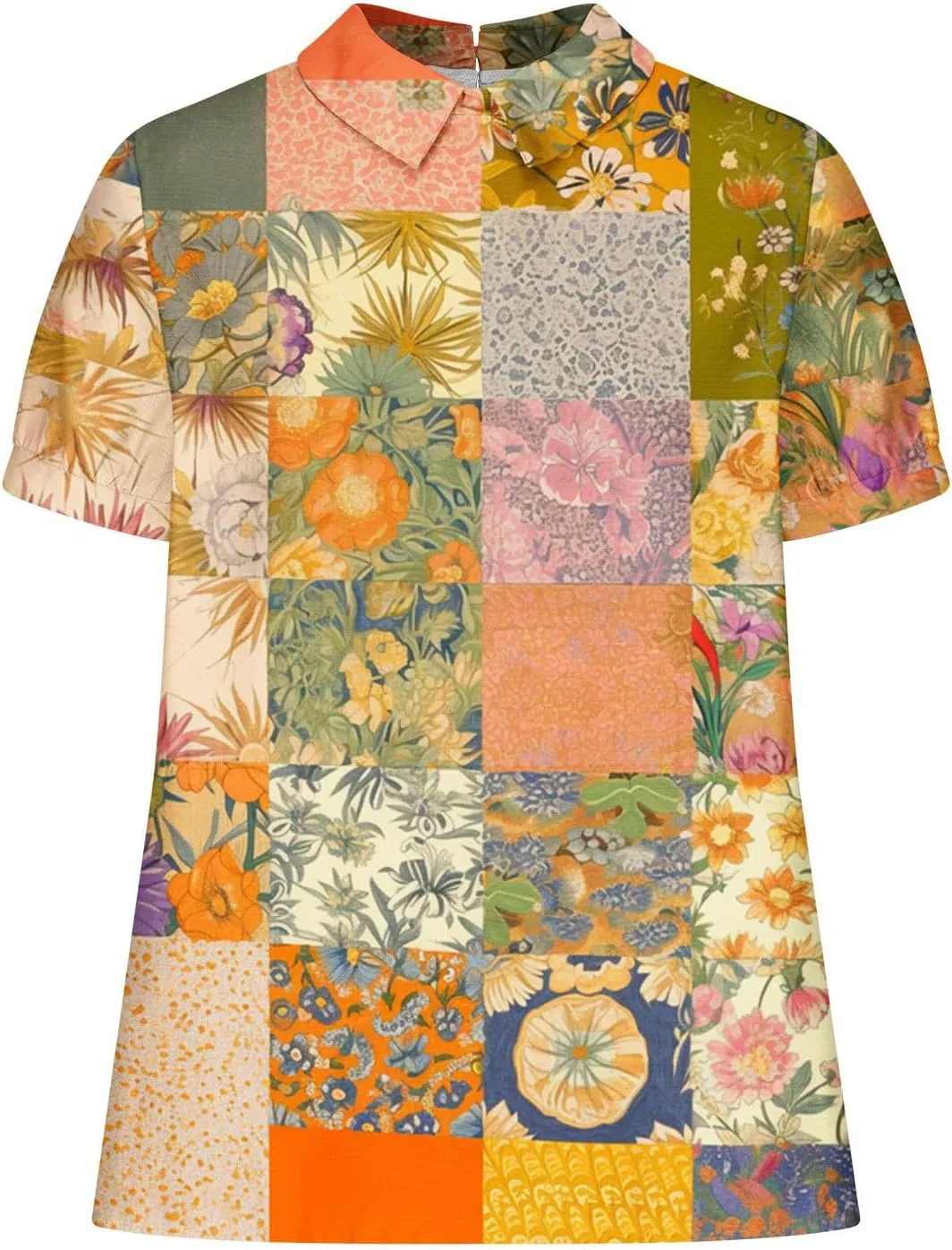 DASAYO Cute Tops for Women Peter Pan Collar Short Sleeve Linen Shirts Plus Size Floral Blouses Dressy Casual Summer Clothes