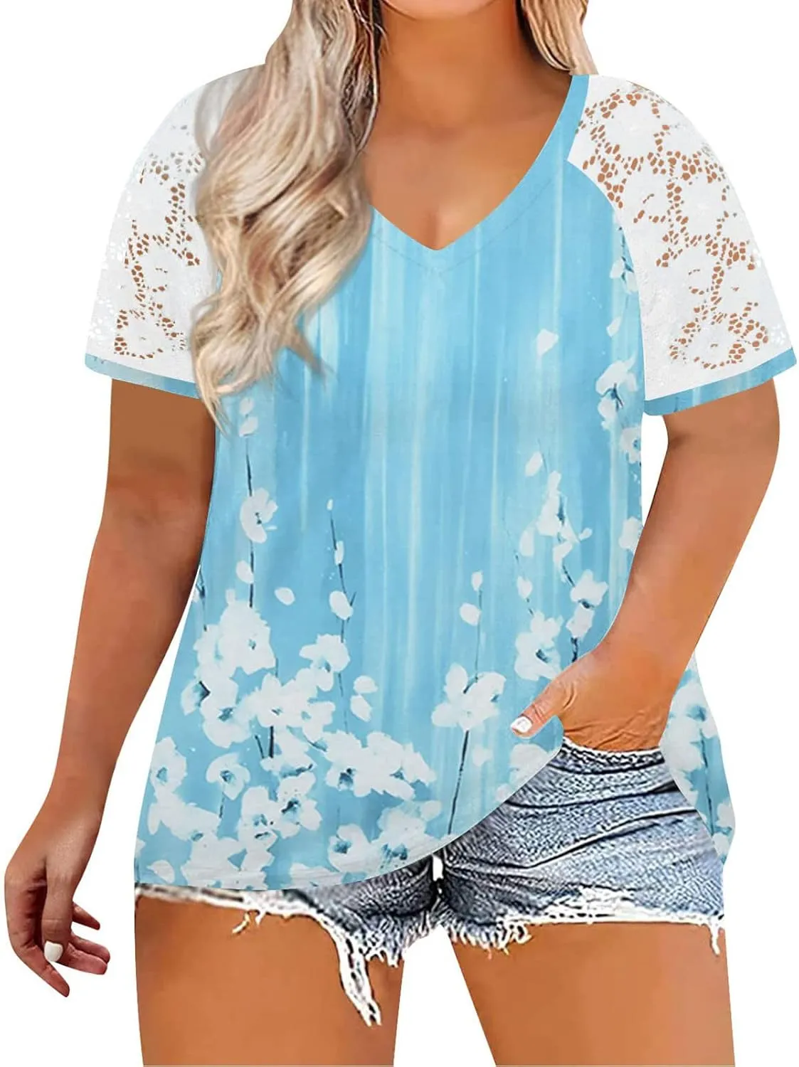 DASAYO Women's Plus Size Summer Tops Lace Short Sleeve Floral Print Trendy Tee Shirts Fashion Casual Summer t Shirt Blouses