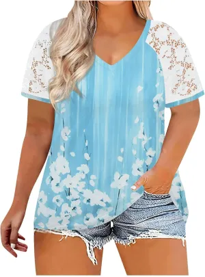 DASAYO Women's Plus Size Summer Tops Lace Short Sleeve Floral Print Trendy Tee Shirts Fashion Casual Summer t Shirt Blouses