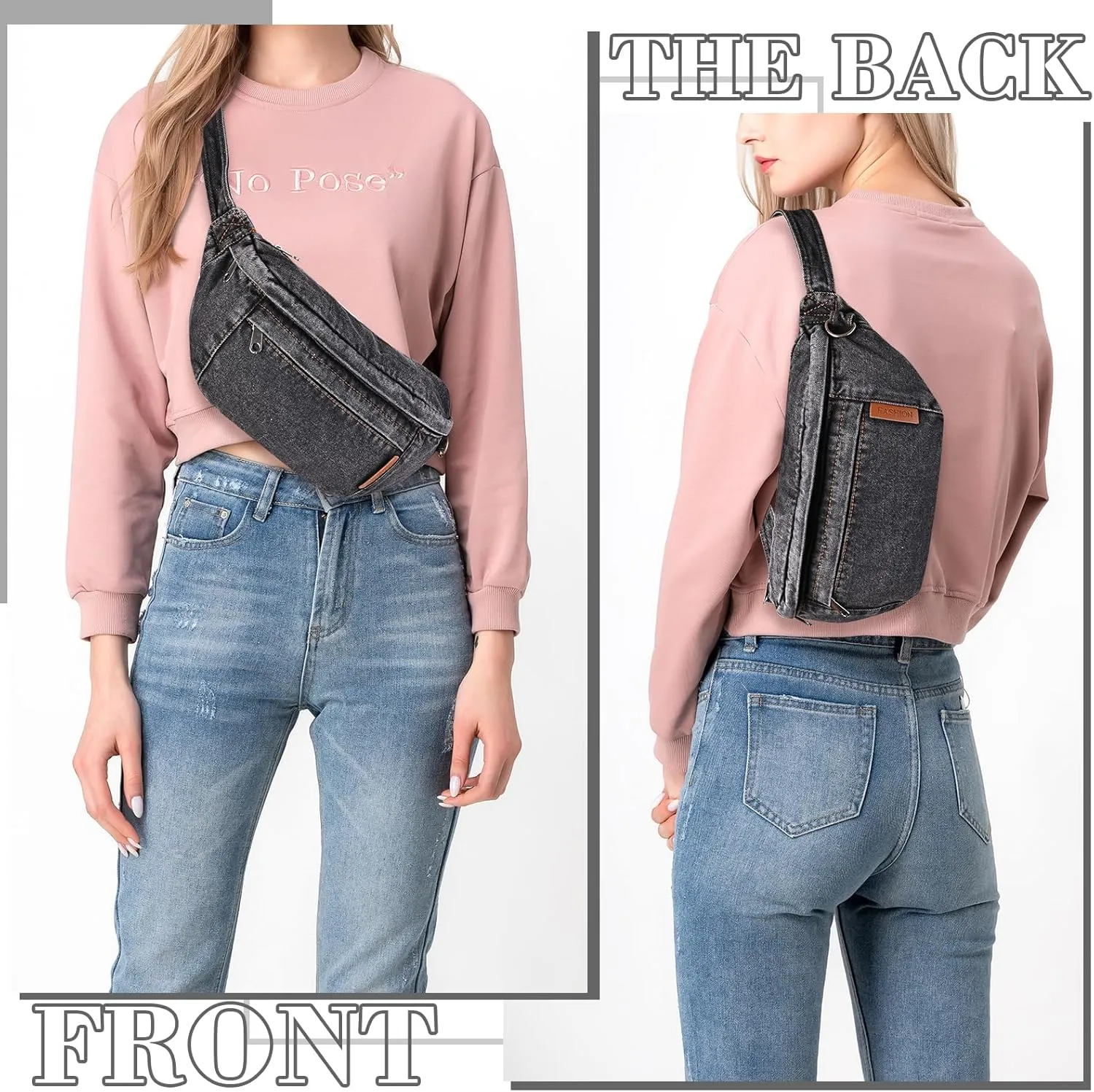 Denim Fanny Packs for Women, Jean Purses for Women Denim Belt Bag Crossbody Handbags (Black)