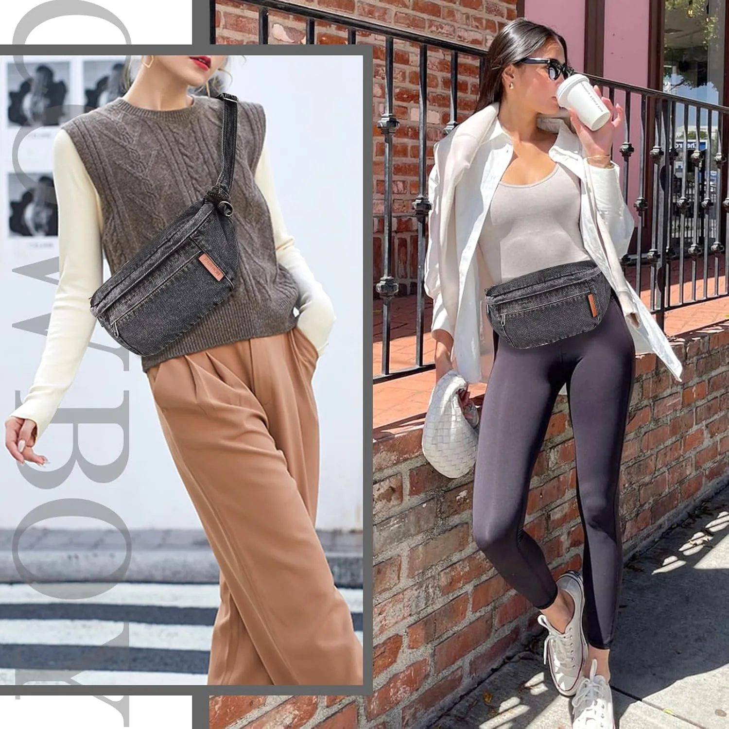 Denim Fanny Packs for Women, Jean Purses for Women Denim Belt Bag Crossbody Handbags (Black)