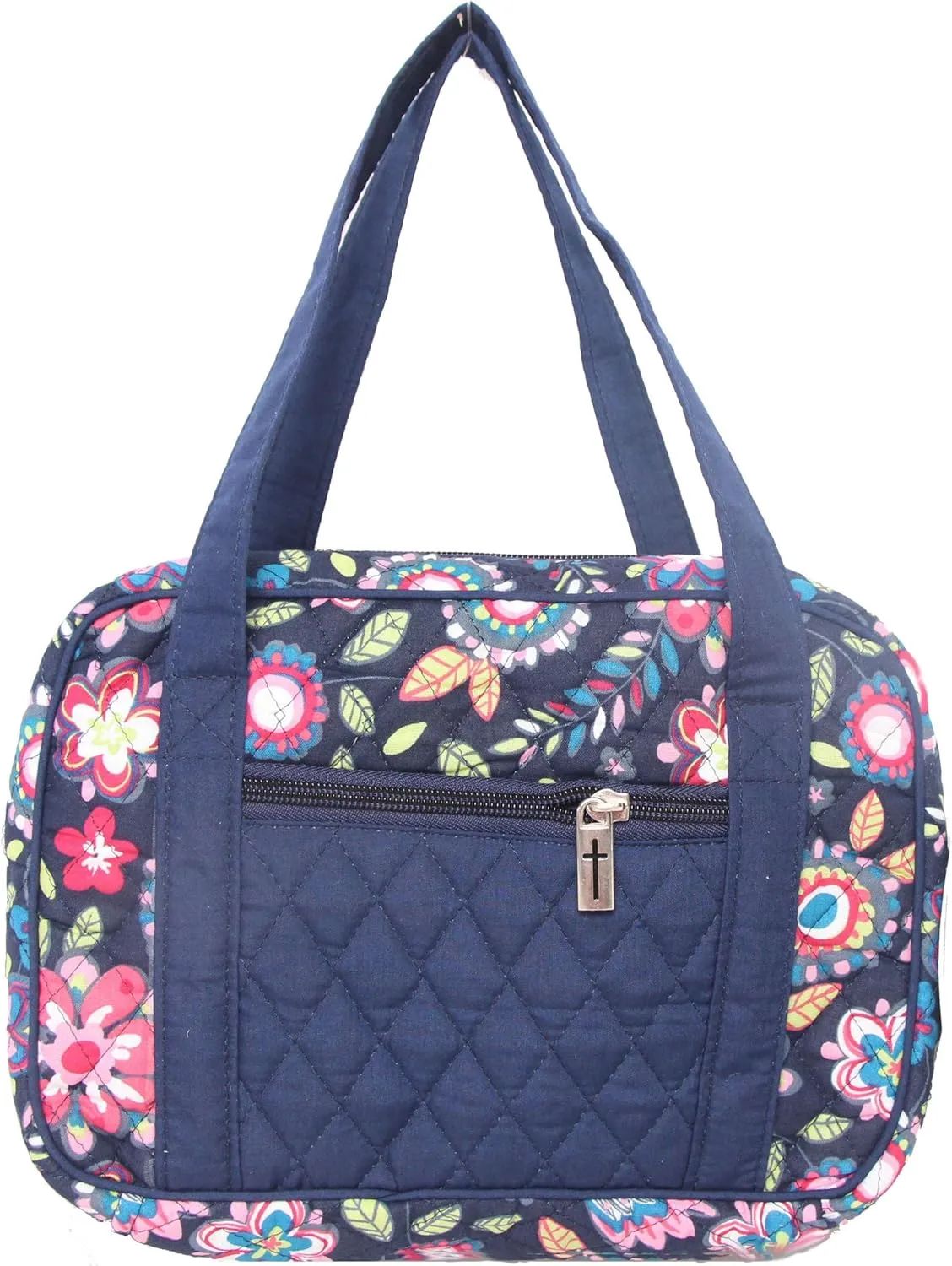 DIWI Bible Cover Extra Large Sizes 11.25 X 8.25 X 2.75 Inches Bible Tote Quilted Cotton Good Book Case (XL, C2 Navy Flowers)