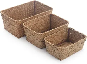 DOKOT Small Woven Wicker Open Storage, Rectangular Handmade Seagrass Baskets for Home, Bathroom Organization（Set of 3）
