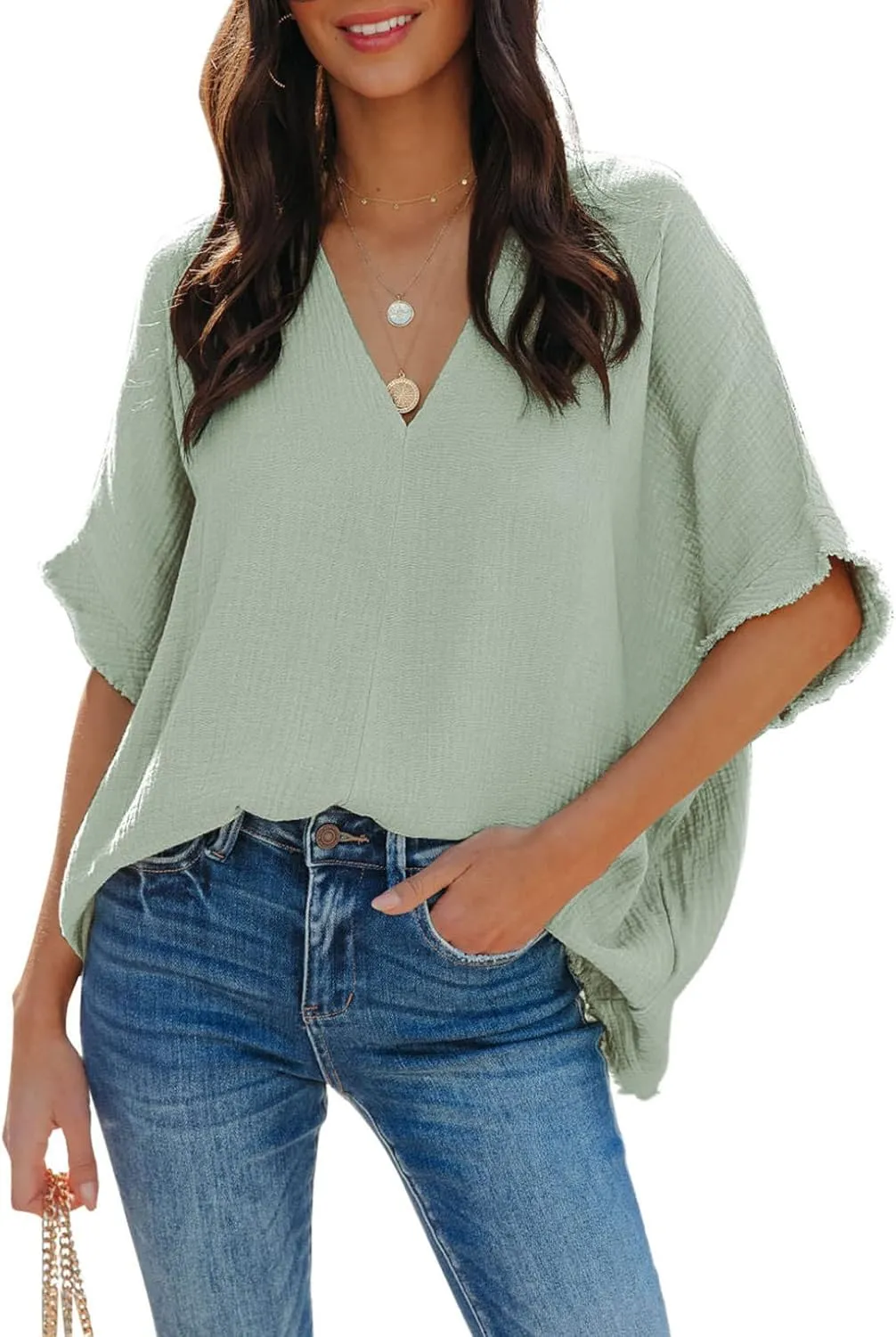 Dokotoo Casual Womens Short Sleeve V Neck Shirts Oversized Solid Blouses Tops