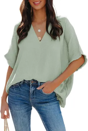 Dokotoo Casual Womens Short Sleeve V Neck Shirts Oversized Solid Blouses Tops
