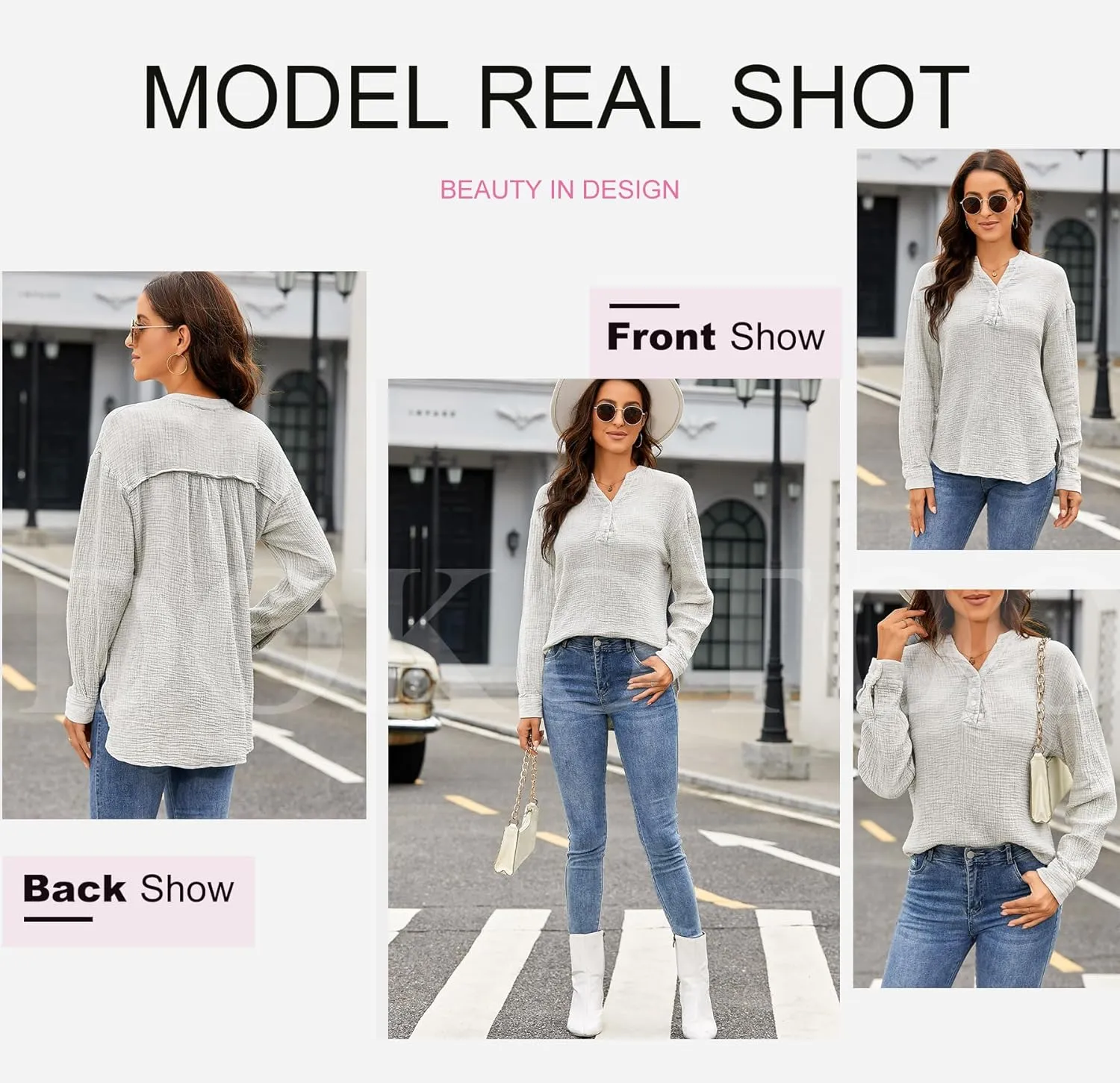 Dokotoo Womens Casual Button V Neck Long Sleeve Shirts Oversized Solid Blouses Tops
