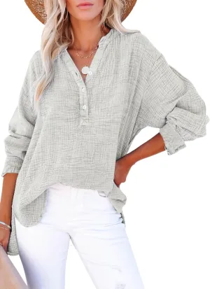 Dokotoo Womens Casual Button V Neck Long Sleeve Shirts Oversized Solid Blouses Tops