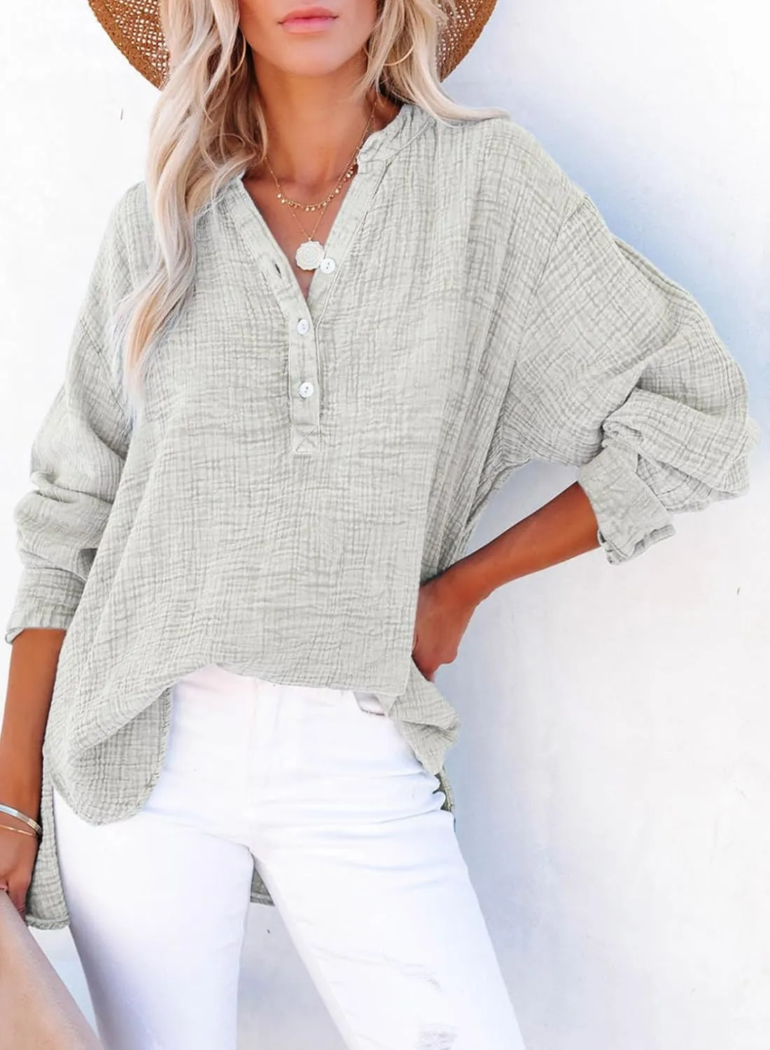 Dokotoo Womens Casual Button V Neck Long Sleeve Shirts Oversized Solid Blouses Tops