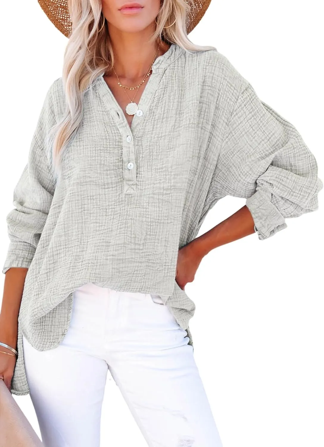 Dokotoo Womens Casual Button V Neck Long Sleeve Shirts Oversized Solid Blouses Tops