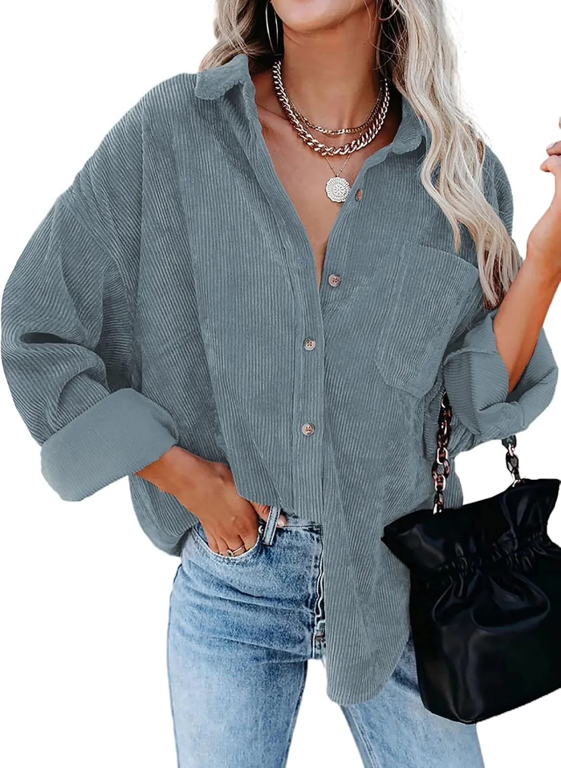 Dokotoo Womens Corduroy Button Down Shirts Boyfriend Long Sleeve Oversized Blouses Tops