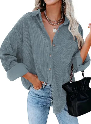 Dokotoo Womens Corduroy Button Down Shirts Boyfriend Long Sleeve Oversized Blouses Tops
