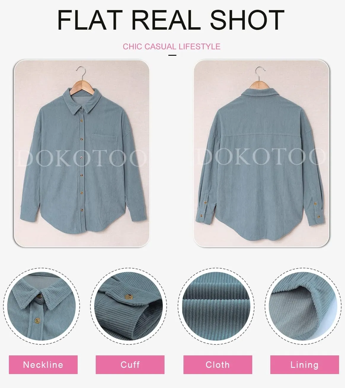 Dokotoo Womens Corduroy Button Down Shirts Boyfriend Long Sleeve Oversized Blouses Tops