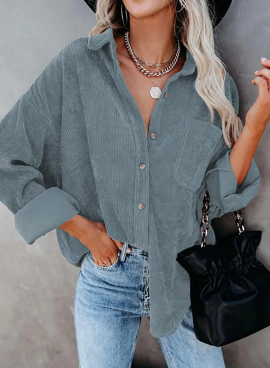 Dokotoo Womens Corduroy Button Down Shirts Boyfriend Long Sleeve Oversized Blouses Tops