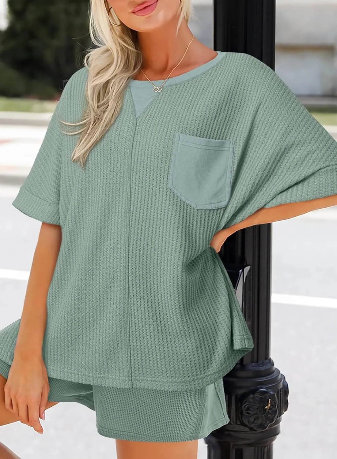 Dokotoo Womens Summer Tops 2025 Fashion Short Sleeve Crewneck Waffle Knit T Shirts Casual Oversized Blouses Clothing