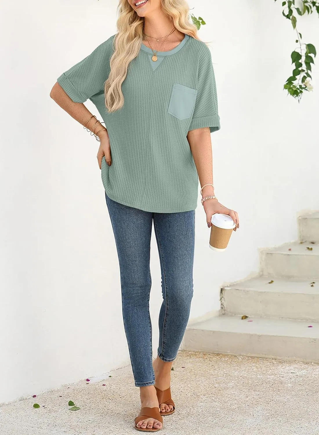 Dokotoo Womens Summer Tops 2025 Fashion Short Sleeve Crewneck Waffle Knit T Shirts Casual Oversized Blouses Clothing