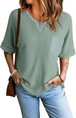 Dokotoo Womens Summer Tops 2025 Fashion Short Sleeve Crewneck Waffle Knit T Shirts Casual Oversized Blouses Clothing