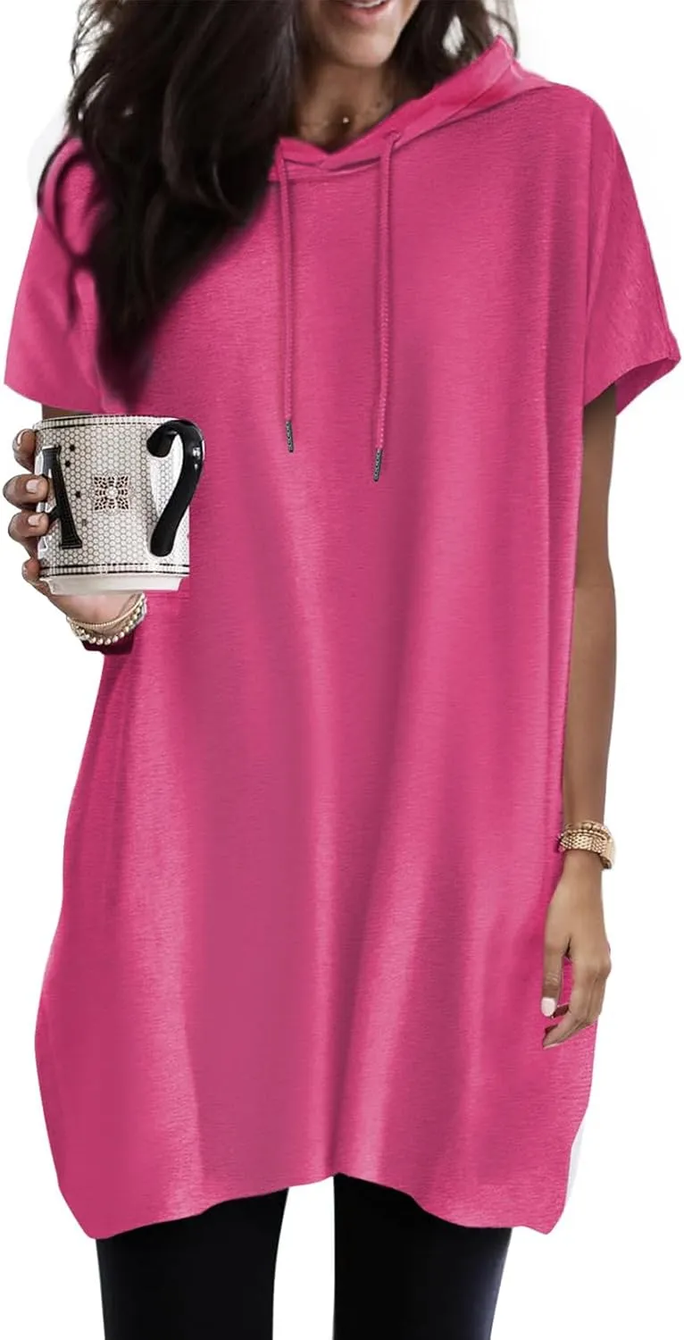 Dokotoo Womens Tops Dressy Casual Short Sleeve Oversized Tshirts Summer Hoodie Dress Tunics Tops Loose Fit Long Shirts