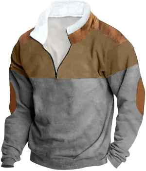 DOLKFU Men's Hoodies 1/4 Zipper Stand Collar Sweatshirts Sherpa Lined Fleece Loose Fit Pullover Tops With Elbow Patches