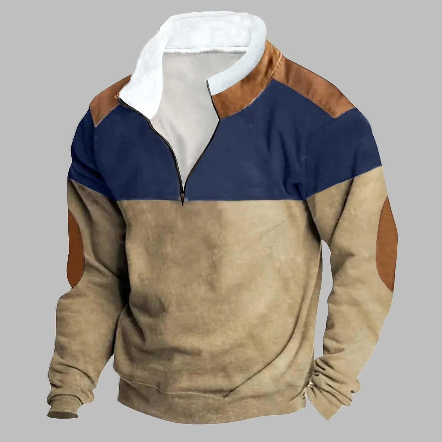 DOLKFU Men's Hoodies 1/4 Zipper Stand Collar Sweatshirts Sherpa Lined Fleece Loose Fit Pullover Tops With Elbow Patches