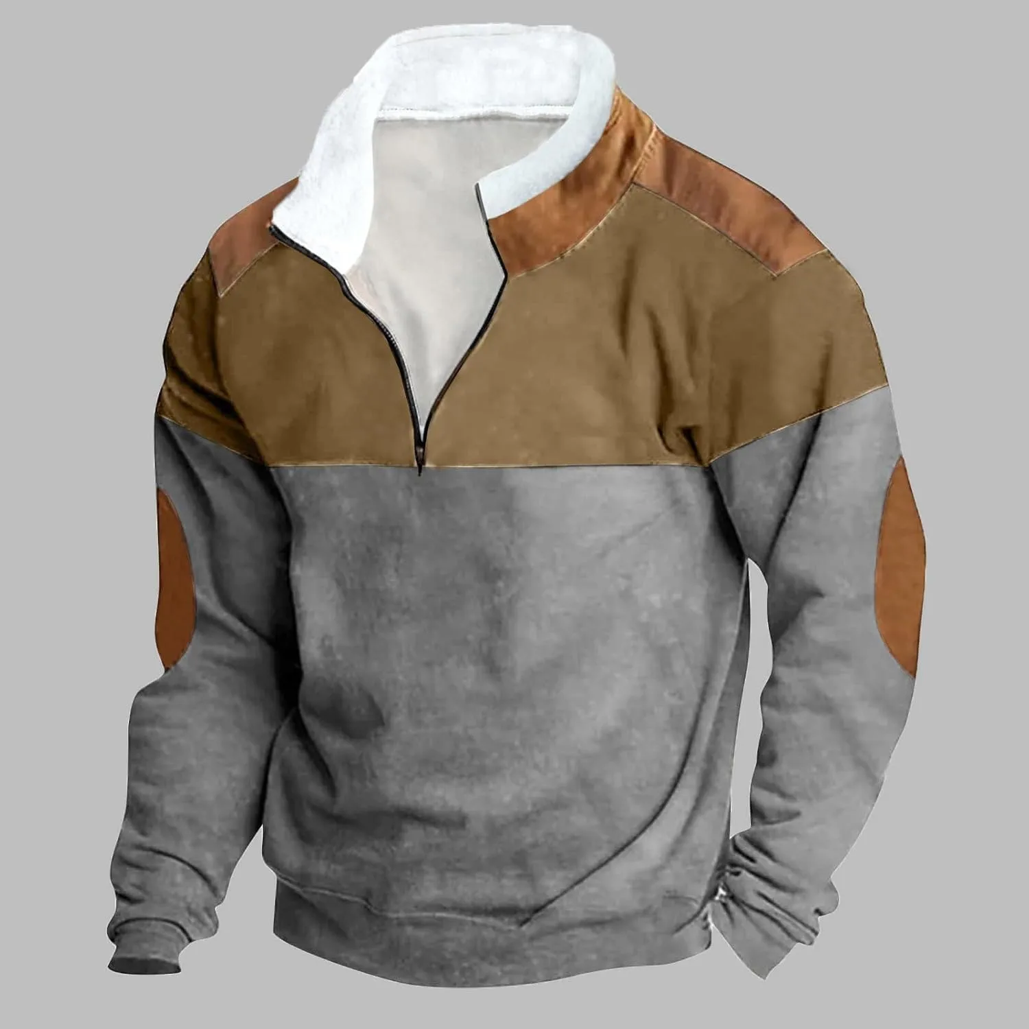 DOLKFU Men's Hoodies 1/4 Zipper Stand Collar Sweatshirts Sherpa Lined Fleece Loose Fit Pullover Tops With Elbow Patches