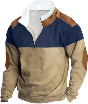 DOLKFU Men's Hoodies 1/4 Zipper Stand Collar Sweatshirts Sherpa Lined Fleece Loose Fit Pullover Tops With Elbow Patches