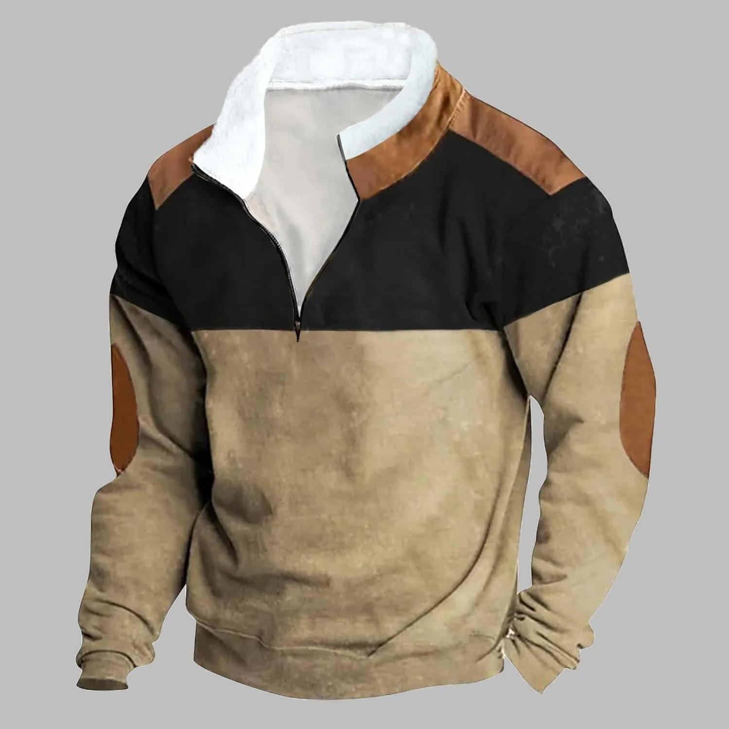 DOLKFU Men's Hoodies 1/4 Zipper Stand Collar Sweatshirts Sherpa Lined Fleece Loose Fit Pullover Tops With Elbow Patches