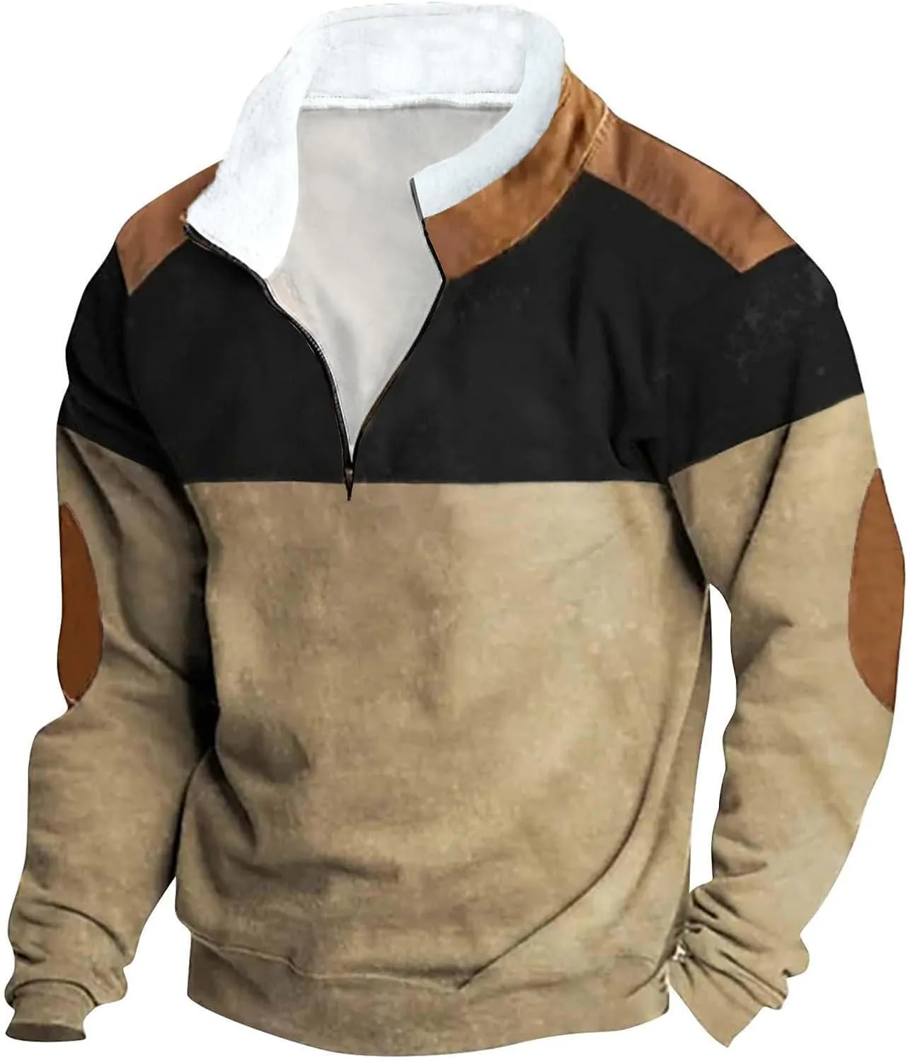 DOLKFU Men's Hoodies 1/4 Zipper Stand Collar Sweatshirts Sherpa Lined Fleece Loose Fit Pullover Tops With Elbow Patches