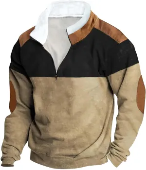 DOLKFU Men's Hoodies 1/4 Zipper Stand Collar Sweatshirts Sherpa Lined Fleece Loose Fit Pullover Tops With Elbow Patches