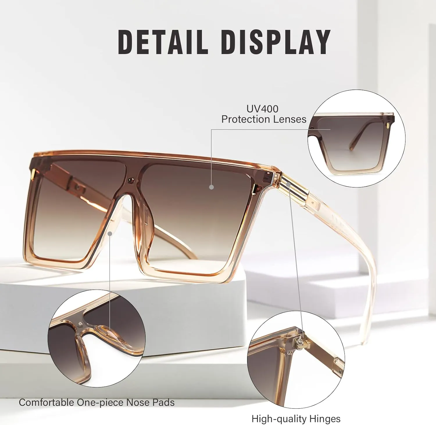 Dollger Square Oversized Sunglasses for Women Men Trendy Flat Top Big Black Shades UV400 Sunnies