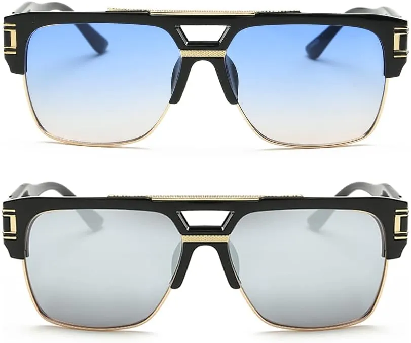 Dollger Square Sunglasses for Men Classic Oversized Sun Glasses Retro Semi Rimless Gold Alloy Frame UV400