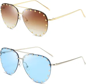 Dollger Studded Sunglasses for Women Fashion Studded Aviator Sunglasses Metal Frame UV 400