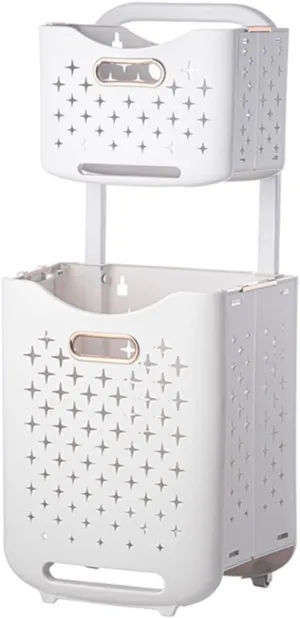 Double Laundry Hamper Wicker Folding Wheels for Bathroom and Laundry Room Storage