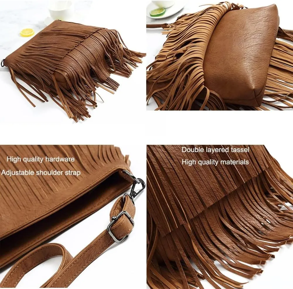 Downupdown Fringe Crossbody Bag for Women PU Leather Satchel Handbag Shoulder Bag Hobo Purse Tassel Boho Bags Handbag