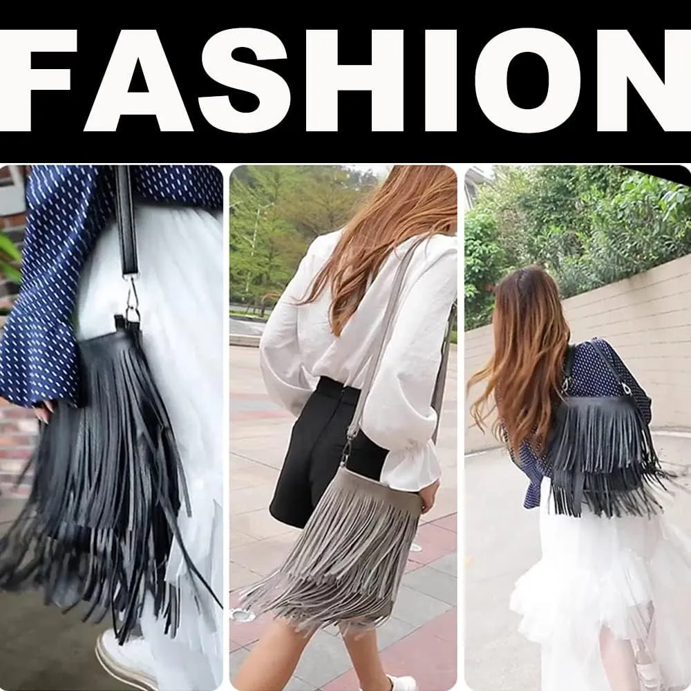 Downupdown Fringe Crossbody Bag for Women PU Leather Satchel Handbag Shoulder Bag Hobo Purse Tassel Boho Bags Handbag