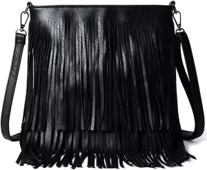 Downupdown Fringe Crossbody Bag for Women PU Leather Satchel Handbag Shoulder Bag Hobo Purse Tassel Boho Bags Handbag