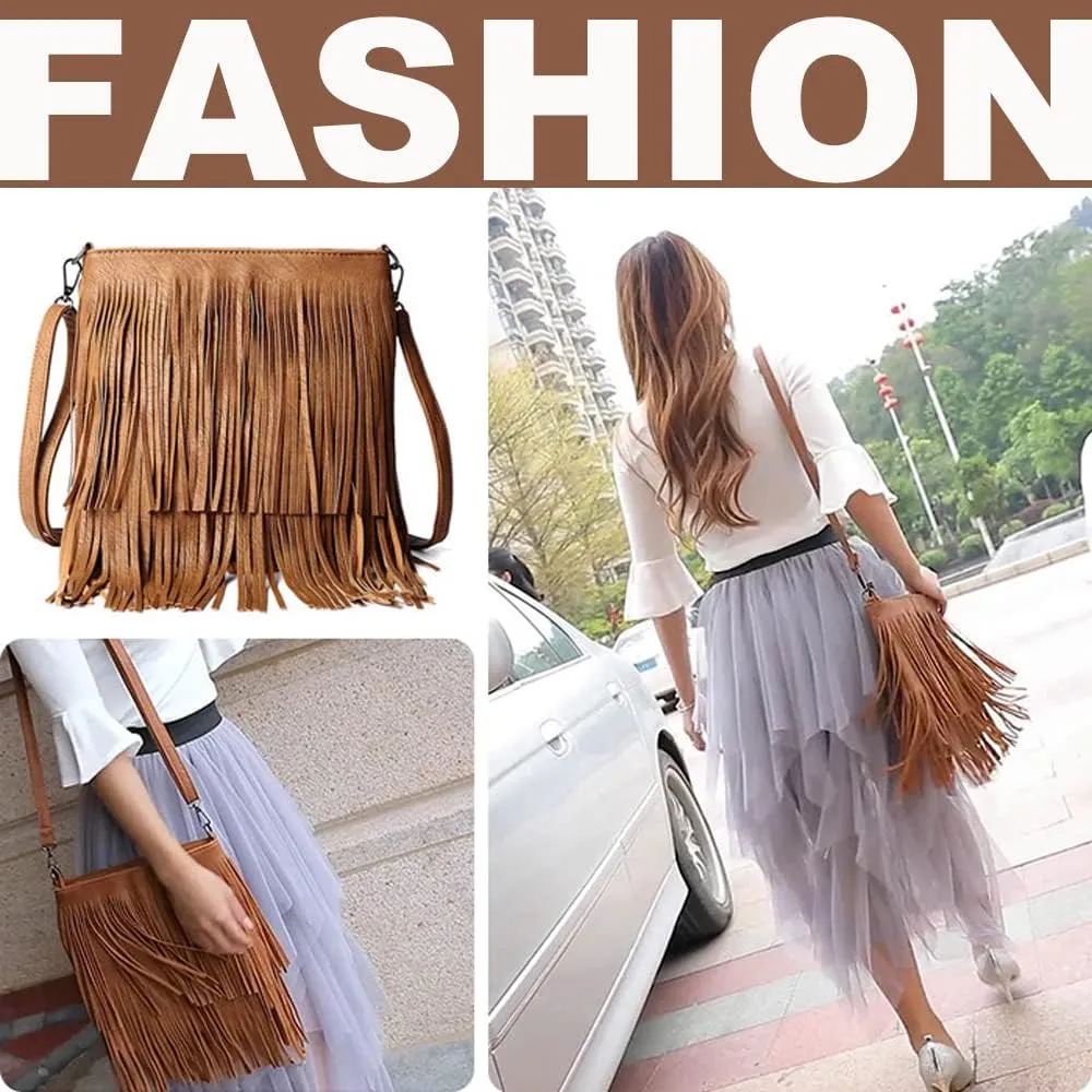 Downupdown Fringe Crossbody Bag for Women PU Leather Satchel Handbag Shoulder Bag Hobo Purse Tassel Boho Bags Handbag