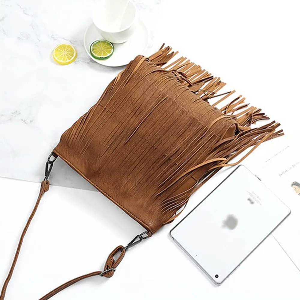 Downupdown Fringe Crossbody Bag for Women PU Leather Satchel Handbag Shoulder Bag Hobo Purse Tassel Boho Bags Handbag