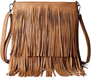 Downupdown Fringe Crossbody Bag for Women PU Leather Satchel Handbag Shoulder Bag Hobo Purse Tassel Boho Bags Handbag