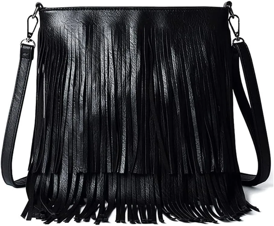 Downupdown Fringe Crossbody Bag for Women PU Leather Satchel Handbag Shoulder Bag Hobo Purse Tassel Boho Bags Handbag
