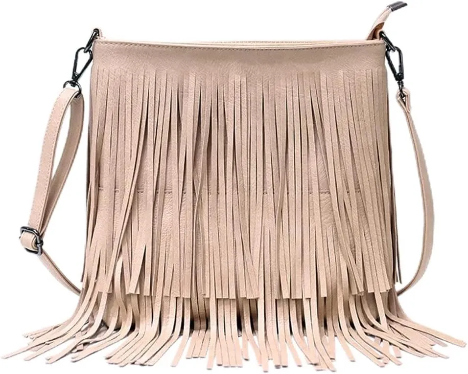 Downupdown Fringe Crossbody Bag for Women PU Leather Satchel Handbag Shoulder Bag Hobo Purse Tassel Boho Bags Handbag