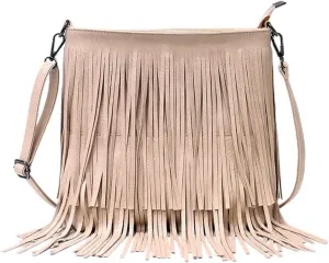 Downupdown Fringe Crossbody Bag for Women PU Leather Satchel Handbag Shoulder Bag Hobo Purse Tassel Boho Bags Handbag