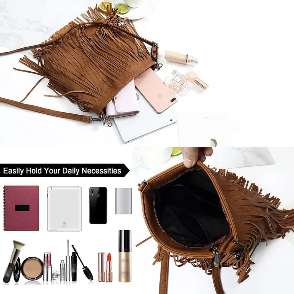 Downupdown Fringe Crossbody Bag for Women PU Leather Satchel Handbag Shoulder Bag Hobo Purse Tassel Boho Bags Handbag