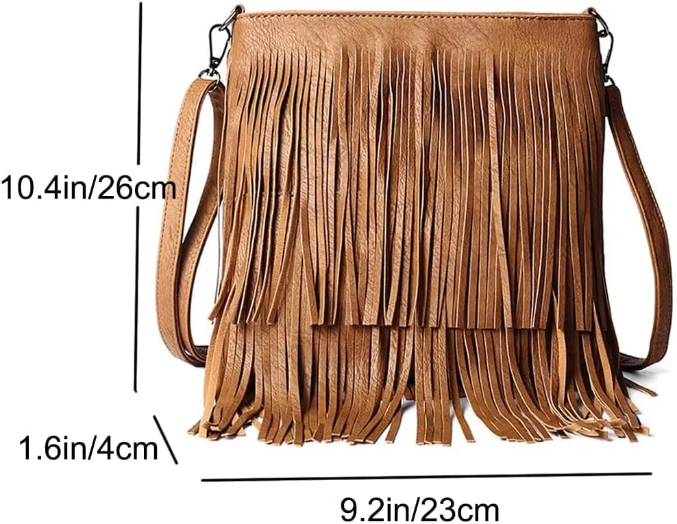 Downupdown Fringe Crossbody Bag for Women PU Leather Satchel Handbag Shoulder Bag Hobo Purse Tassel Boho Bags Handbag