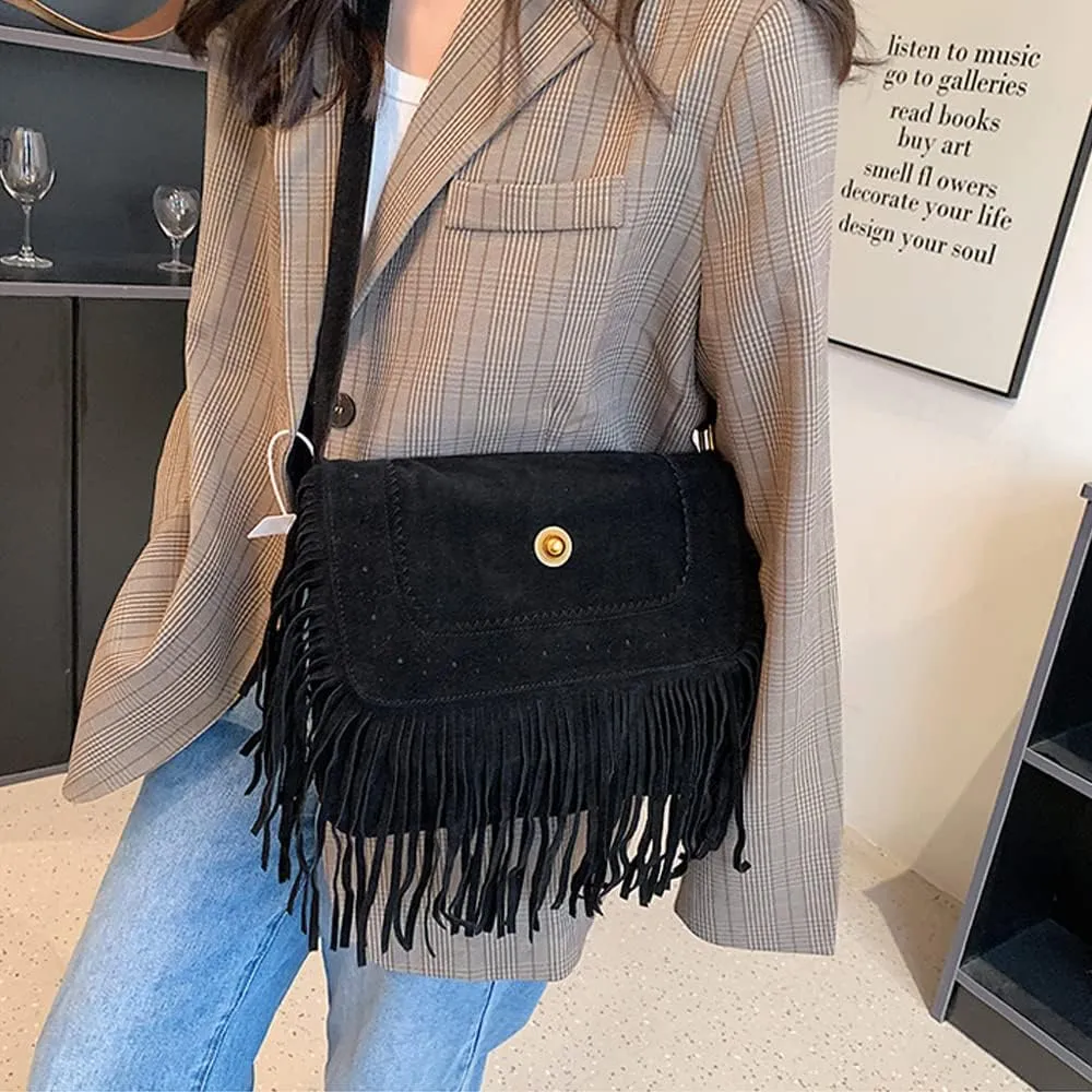 Downupdown Fringe Crossbody Bag for Women Vintage Messenger Bag Suede Hobo Purse Flap Satchel Shoulder Bag Bohemian Handbag