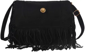 Downupdown Fringe Crossbody Bag for Women Vintage Messenger Bag Suede Hobo Purse Flap Satchel Shoulder Bag Bohemian Handbag