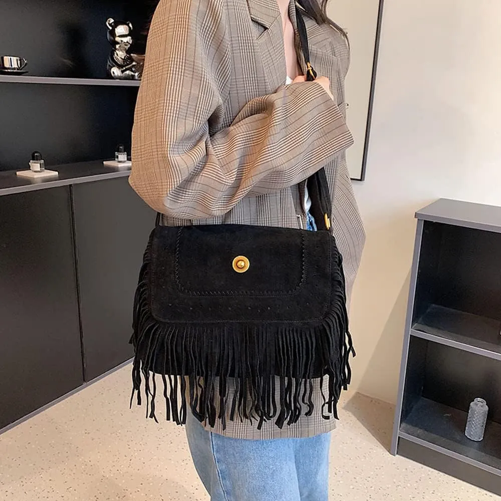 Downupdown Fringe Crossbody Bag for Women Vintage Messenger Bag Suede Hobo Purse Flap Satchel Shoulder Bag Bohemian Handbag