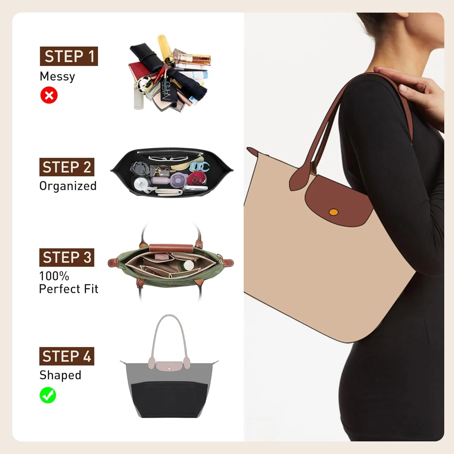 Doxo Purse Organizer Insert Compatible with Longchamp Le Pliage Large and More, Bag Organizer Insert with Cup Holder, 8 Compartments(Dark Blue，L)