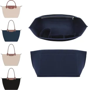Doxo Purse Organizer Insert Compatible with Longchamp Le Pliage Large and More, Bag Organizer Insert with Cup Holder, 8 Compartments(Dark Blue，L)